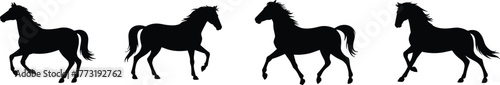 Horse silhouettes in motion, running and trotting poses, animal illustration, equestrian design, wild nature concept, freedom, power, strength artwork