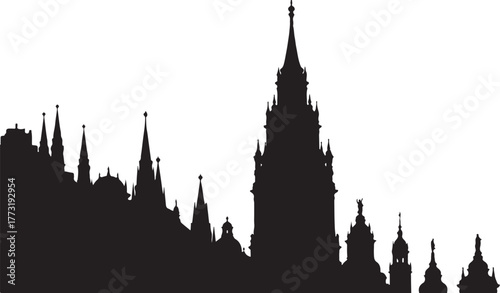 Silhouette of a detailed architectural skyline featuring multiple towers and spires against a white background, representing an urban cityscape