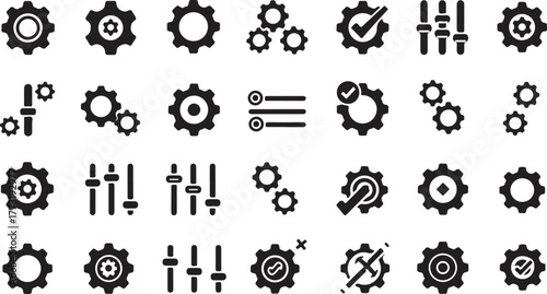 Set of black gear icons representing settings, configurations, adjustments, and management options for software and systems