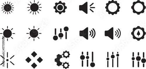 Collection of essential user interface glyphs for web and mobile applications, including icons for settings, volume, and brightness controls