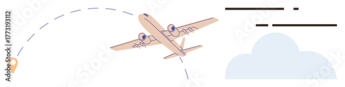 Airplane flying along a dotted path, marking its travel route toward a pinpoint destination. Ideal for themes thumbs up travel, logistics, aviation, adventure, vacation, planning aspiration. Simple