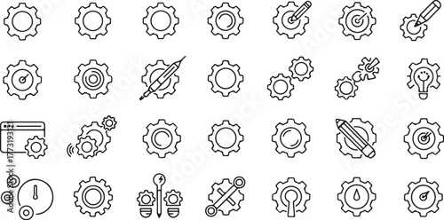A versatile collection of line art cogwheel icons representing system settings, development, and technical support concepts for web and app interfaces