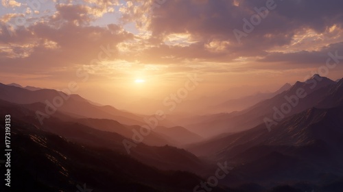 Mountain range at sunset with golden light