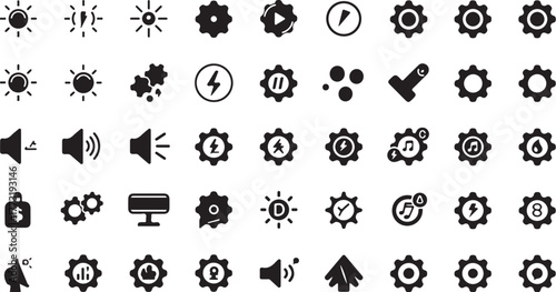 Essential vector icon set for modern digital interfaces, providing diverse symbols for system settings, audio adjustments, brightness, power, and operational controls