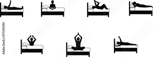 Morning bed yoga poses, stretching exercise silhouettes, wellness routine, relaxation practice, fitness illustration, healthy lifestyle, flexibility training, meditation posture, vector artwork