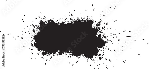 Abstract black grunge paint splatter with rough textured edges and spray drops. Isolated monochrome inkblot stain vector element for design