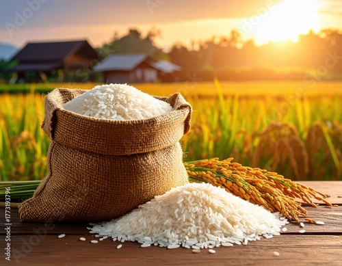 a pile of rice spilled from a sack on a wooden table.