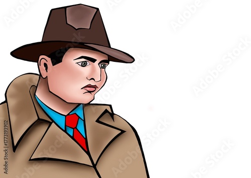 illustration of a detective in a hat on a white background.