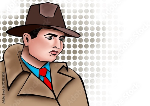 illustration of a detective in a hat on a white background.