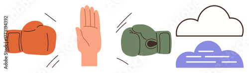 Boxing gloves, raised hand, and clouds emphasize conflict resolution, peaceful negotiation, and teamwork. Ideal for mediation, diplomacy, nonviolence, cooperation problem-solving mindfulness