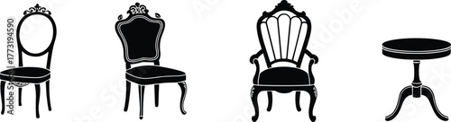 Vintage furniture silhouettes, antique chair illustration, ornate armchair, pedestal table, classical design, decorative outline, vector artwork, interior style, historical décor, retro graphic