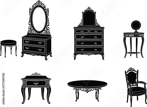 Vintage furniture silhouettes, ornate vanity, antique dresser, classical armchair, elegant table, decorative desk, retro interior design, luxury home decor illustration