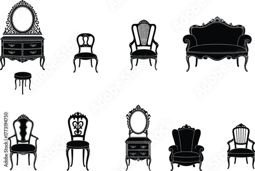 Vintage furniture silhouettes, ornate chair, antique sofa, decorative mirror, classic dresser, elegant stool, retro armchair, interior decor, home illustration, Victorian design