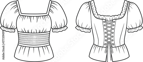 Women’s blouse fashion flat sketch, square neckline, puff sleeve top, smocked waist, lace up back detail, garment technical drawing illustration