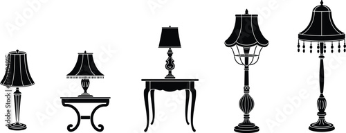 Vintage lamp silhouettes, ornate table lamp, classic floor lamp, decorative lighting, retro furniture, interior decor, elegant design, home illustration, antique style, artistic icon
