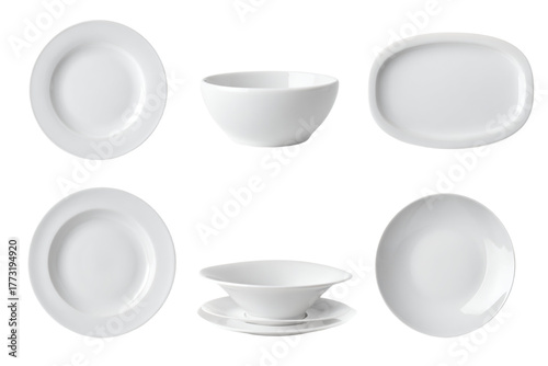 a set of four white plates and bowls