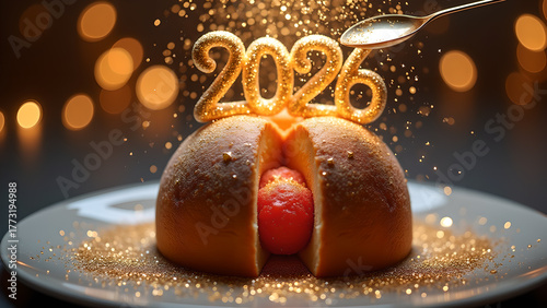 Celebrating the forthcoming 2026 year with an exquisite dessert adorned with golden sparkles