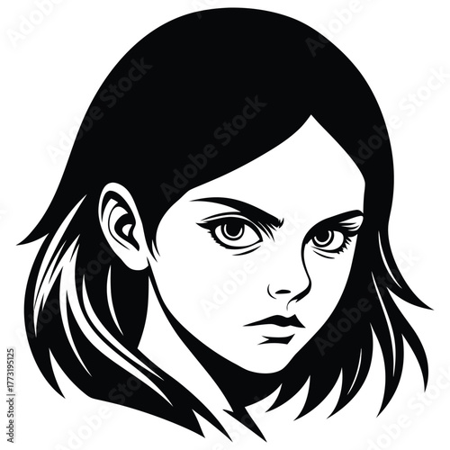 A black silhouette of a vampire girl's face