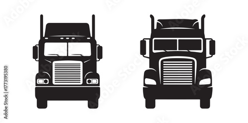 Truck symbol. Tractor with a trunk. Dark silhouette. Frontal perspective. Simple vector graphic illustration. The standalone object on a white backdrop. Isolate

