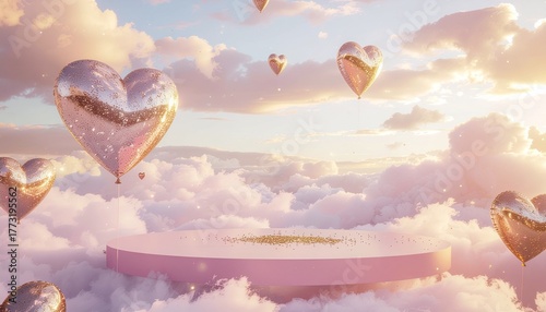 Podium in clouds with golden heart decoration. Vector realistic background, pastel colored clouds in sky. Platform for product display in dreamy heaven. Banner mockup