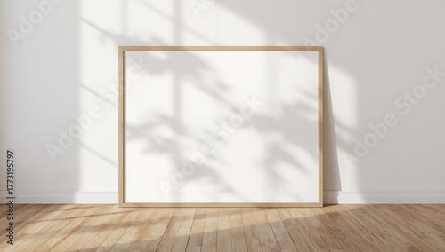 interior mockup with a large horizontal wooden frame leaning against a white wall