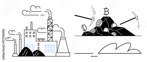 Factory emitting smoke alongside crypto mining tools extracting digital coins from a rocky surface. Ideal for blockchain, technology, environment, industrialization, finance, cryptocurrency