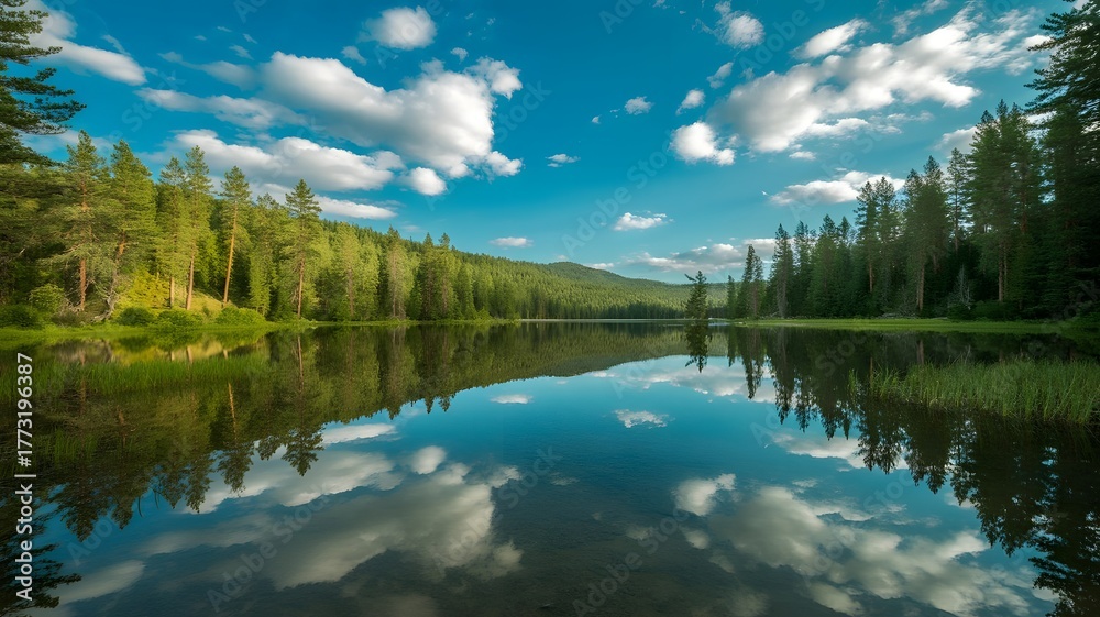 Fototapeta premium Crystal Lake and Pine Reflections beneath Fluffy Clouds