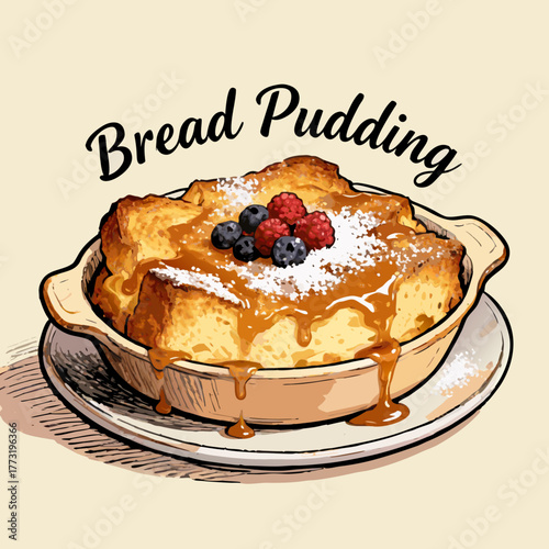 A delicious homemade baked bread pudding dessert, generously topped with sweet caramel sauce, fresh berries, and a dusting of powdered sugar