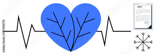 Blue heart with branching veins resembling a snowflake, intersected by a cardiogram line. Includes document and snowflake symbols. Ideal for health, ecology, sustainability, cardiology, contracts