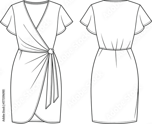 Technical flat sketch of women’s wrap dress, front and back view, with flutter sleeves, waist knot detail, asymmetrical hem, fashion illustration