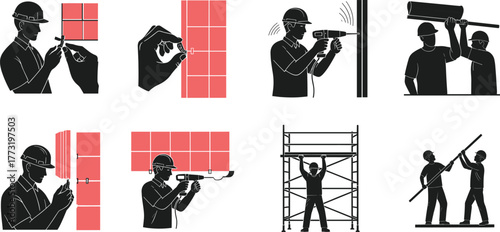 Construction workers installing wall tiles and scaffolding, drilling, teamwork, building renovation process, engineering labor, home improvement, professional work illustration