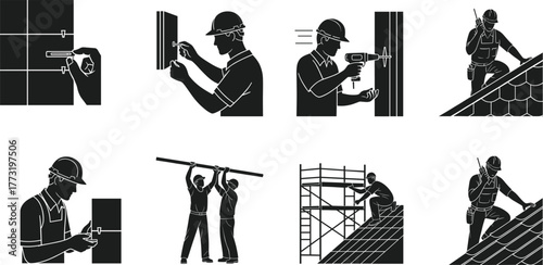 Construction workers performing different tasks, installing tiles, drilling wall, roof repair, scaffolding work, teamwork concept, professional builder silhouettes illustration