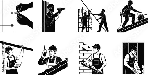 Construction workers performing various building tasks, drilling, measuring, roofing, masonry, safety gear, scaffolding, teamwork, industrial labor silhouette illustration