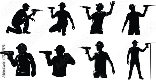 Construction workers silhouette performing building and repair tasks, teamwork concept, manual labor, home renovation, industry and engineering illustration