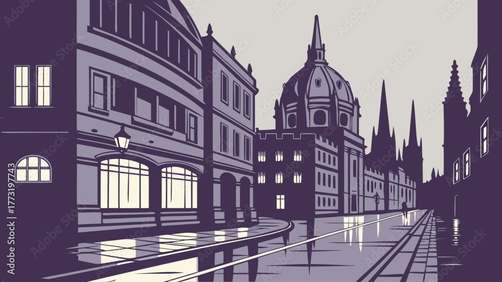Fototapeta premium Oxford skyline vector art depicts detailed city buildings, creating a captivating street scene. Suitable for travel brochures, postcards, or educational materials.