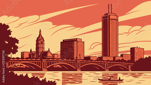 Boston skyline, cityscape with buildings, bridge, and river reflecting beauty, perfect for travel articles, city guides, website banners, and advertisements.