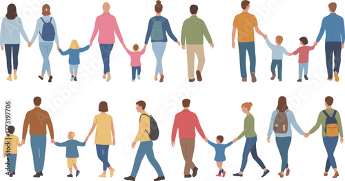 Happy families walking together outdoors, parents holding children hands, family bonding time, togetherness, parenting and love concept illustration