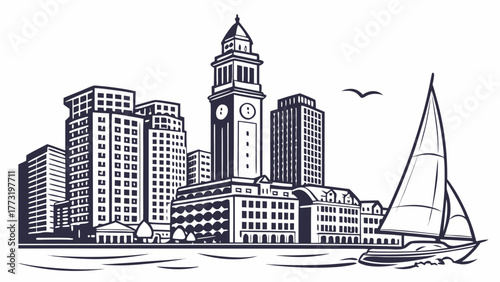 Boston skyline illustration with sailboat and flying bird, suitable for city tourism brochures, travel websites, and skylinethemed merchandise.