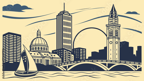 Boston skyline vector art with detailed buildings, bridge, sailboat illustration, suitable for travel brochures, postcards, city guides, and posters.