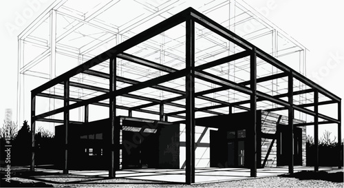 Building framework architecture structure vector line art illustration.
