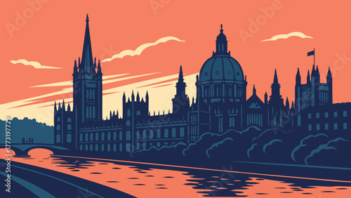 Oxford skyline vector art showcases a stylized london cityscape by the thames, perfect for print designs, travel brochures, and tourism advertising.