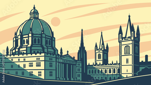 Oxford skyline vector art depicts iconic university buildings. Suitable for travel guides, educational materials, or cityscape designs.