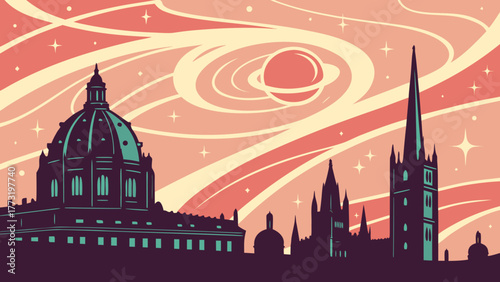 Detailed oxford skyline silhouette with cosmic celestial planet and star backdrop suitable for educational materials, travel brochures, astronomythemed designs.
