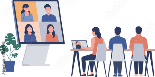 Modern hybrid meeting concept with diverse business team working together online and offline through video conference collaboration setup