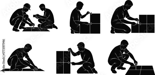 Professional workers installing ceramic tiles on floor and wall, construction teamwork silhouette, home renovation and interior design concept, precision work
