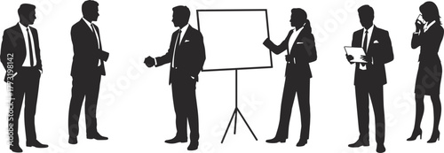 Silhouette of business professionals in formal attire discussing strategy, giving presentation, and communicating in corporate office meeting environment