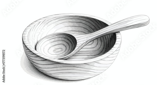 Wooden bowl with spoon minimalist kitchen utensil vector line art.