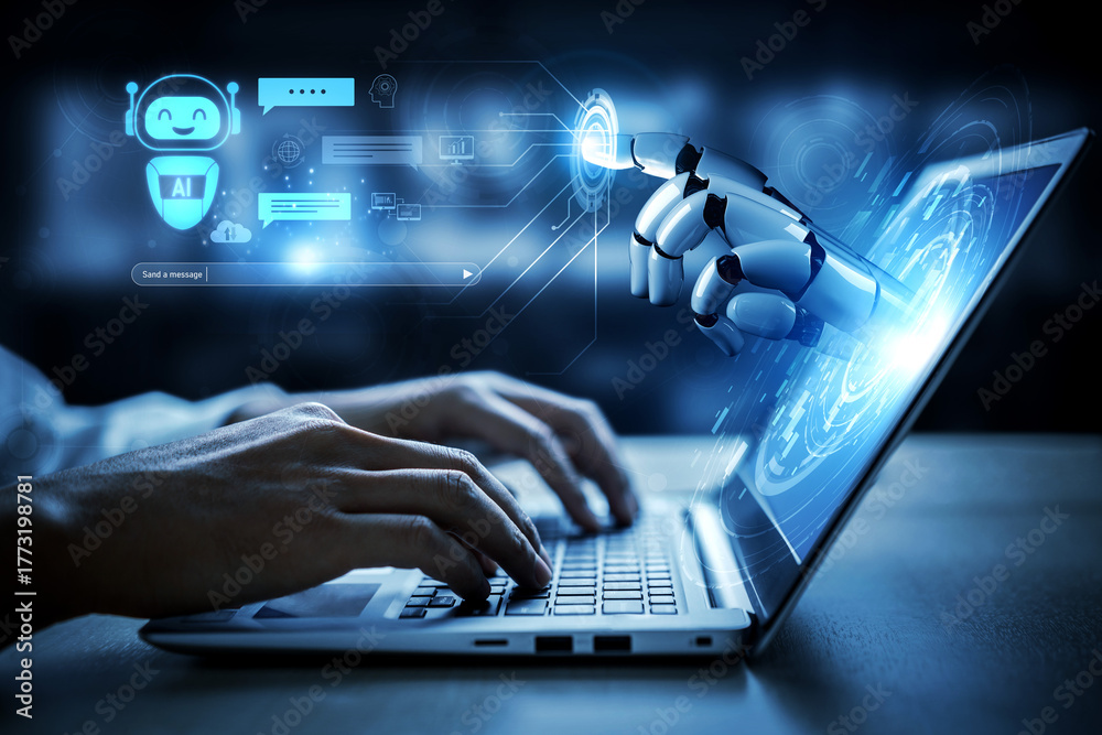 Obraz premium AI chatbot enhances assistance by processing natural language, generating smart replies, analyzing user intent, and managing real-time communication efficiently. Vouch