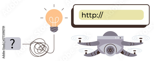 Light bulb, tangled cord with question mark, quadcopter, web address. Ideal for innovation, problem-solving, technology, brainstorming, creativity online tools simple flat metaphor