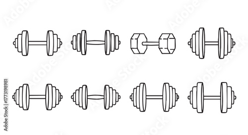 Four hand drawn dumbbells in a simple fitness design style